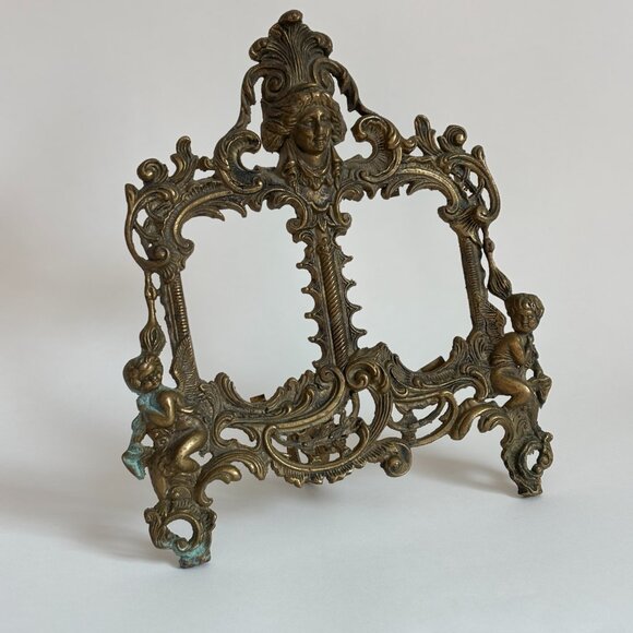 Antique Brass Cherub Double Picture Frame - Ornate Brass - Picture 8 of 9